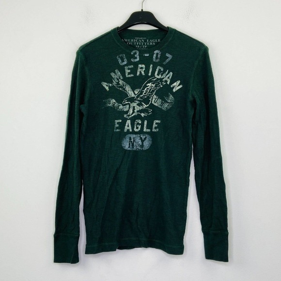 American Eagle Men's XS T-Shirt Green Long Sleeve Logo Graphic Rib Knit Tee BX30 - Picture 1 of 4